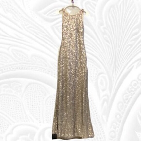 SORELLA VITA Dresses & Skirts - Sorella Vita Gold Sequin High Neck Strappy Halter Back Formal Gown Maxi Dress